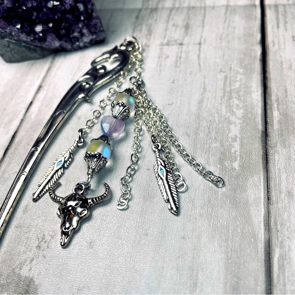 Bookmark & Hair Pin • Bull Skull Feather Charms • Boho Western
• Artisan - Picture 4 of 14